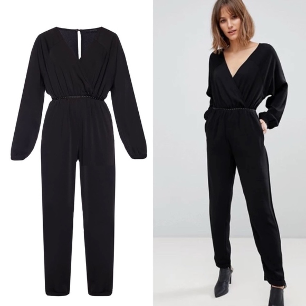 Allsaints Surplice Molli Jumpsuit in Black with Studded Waist